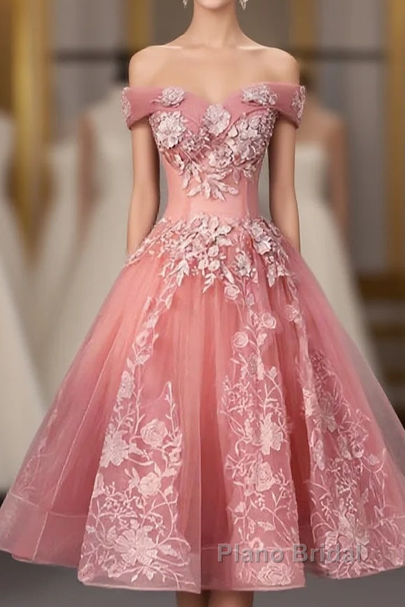 Pink Tulle Lace Off Shoulder Short Formal Prom Dress, Pink Homecoming Dress Main image