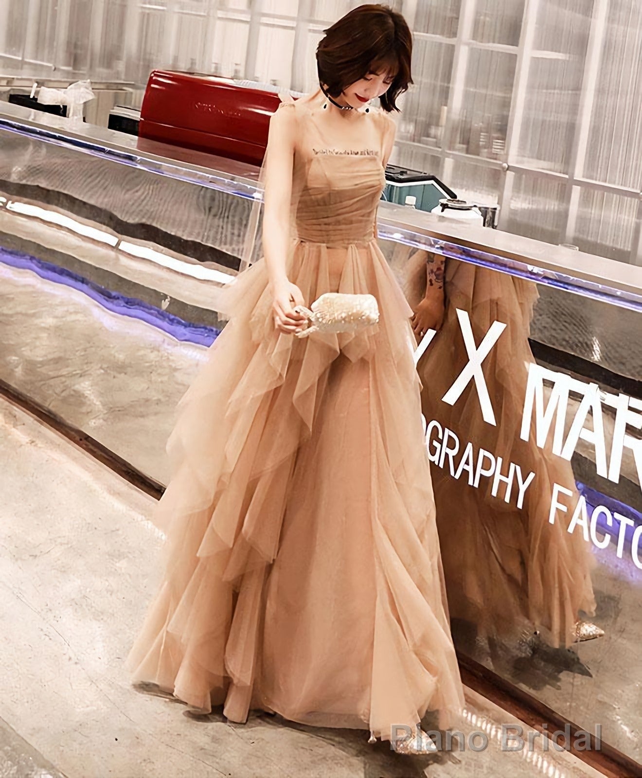 Champagne Tulle Long Prom Dress Champagne Evening Dress 1