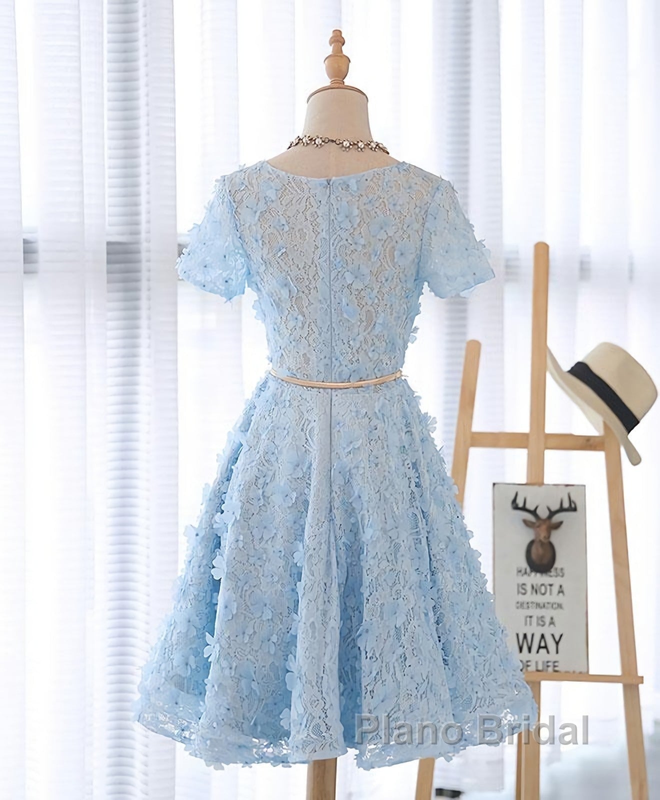 Cute Blue Lace Short Formal Prom Dress, Blue Homecoming Dress