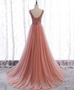 Pink V Neck Tulle Sequin Long Formal Prom Dresses, Pink Prom Dresses