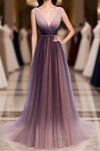 Simple V Neck Tulle Long Formal Prom Dress, Tulle Evening Dress