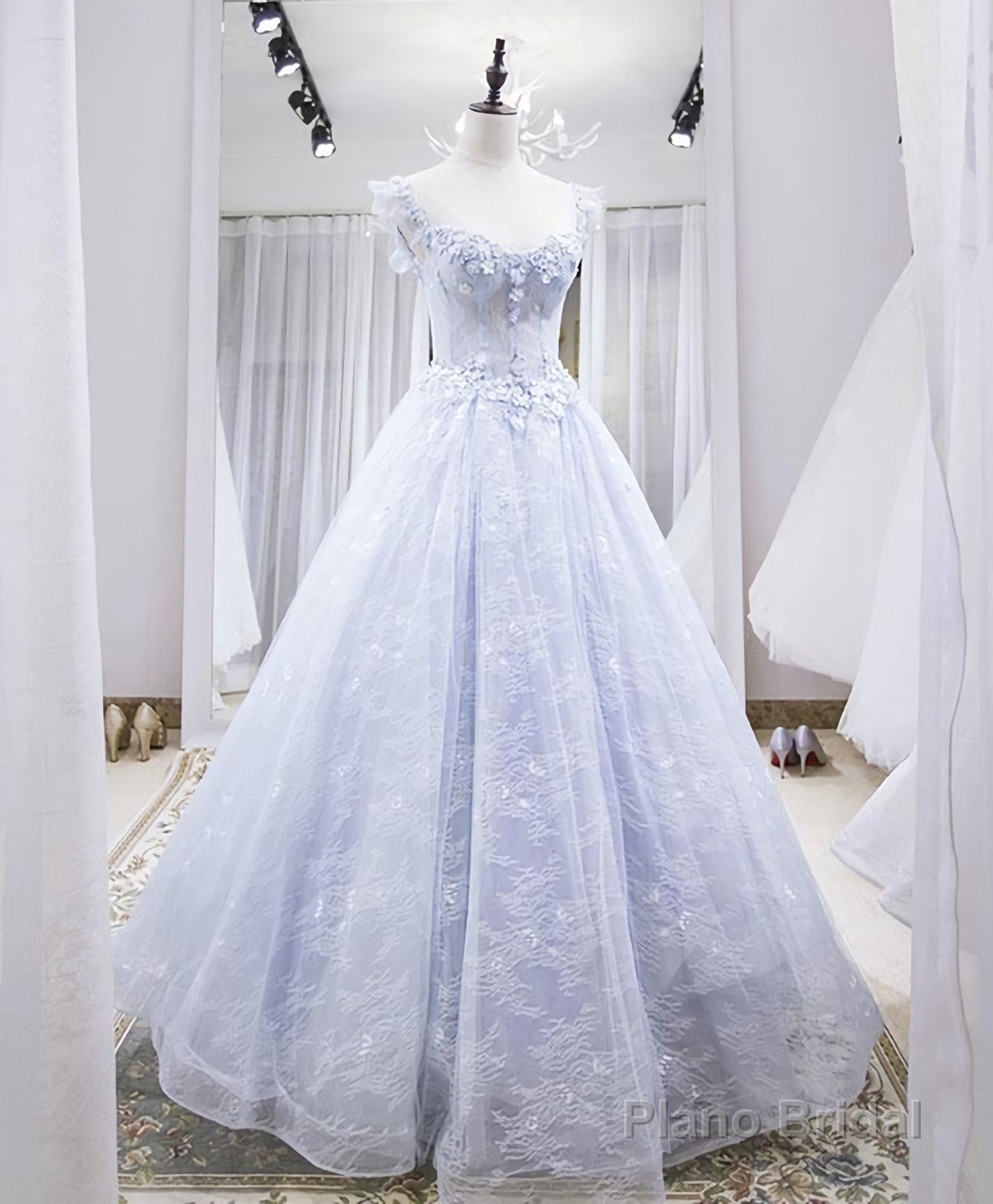 Light Blue Tulle Lace Long Prom Dress, Blue Evening Dress Main image