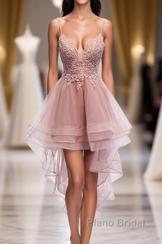 Pink Tulle Lace High Low Formal Prom Dress, Pink Homecoming Dress, 1 Main image