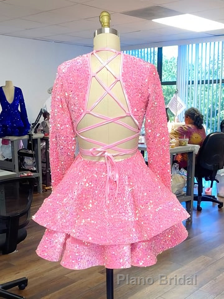 Pink Cocktail Dresses A-Line V-Neck Long Sleeve Shiny Sequin Homecoming Dresses Secondary image