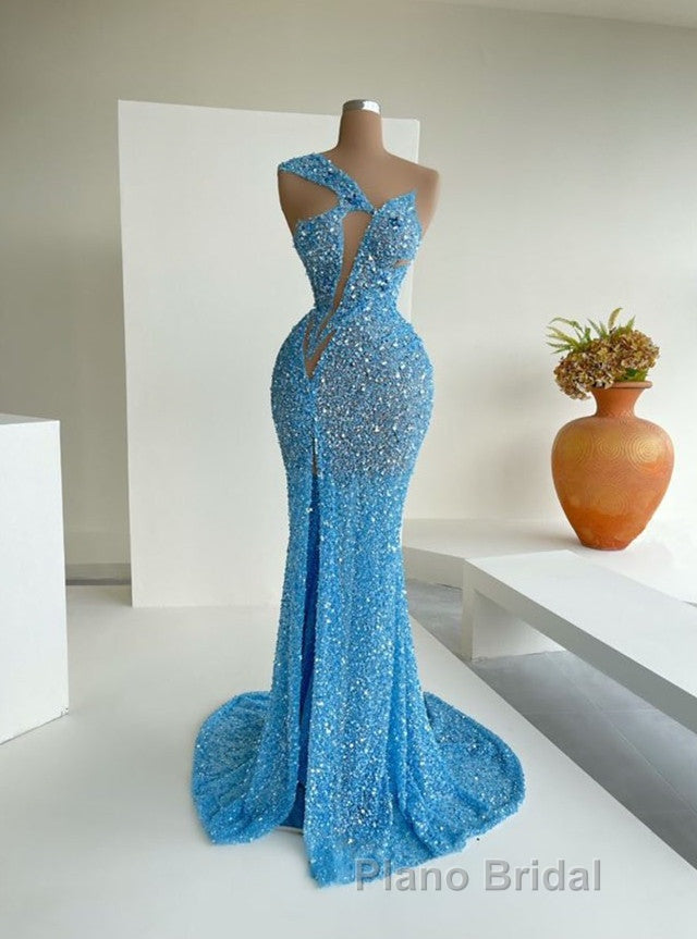 Ocean Blue Sequins One-Shoulder Mermaid Long Formal Prom Dress With Split Secondary image