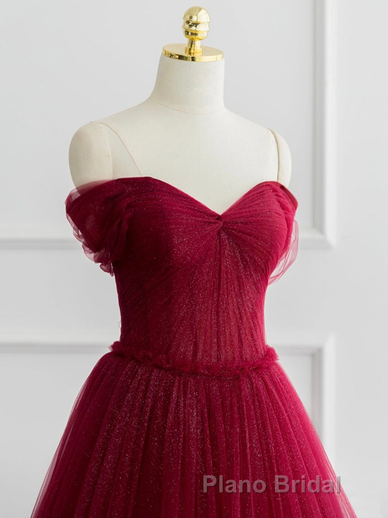 A-line Sweetheart Neck Tulle Burgundy Long Formal Prom Dresses, Off Shoulder Burgundy Prom Dresses