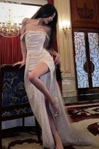 Elegant Mermaid Off the Shoulder Silver Sequins Long Prom Dress with Split Front