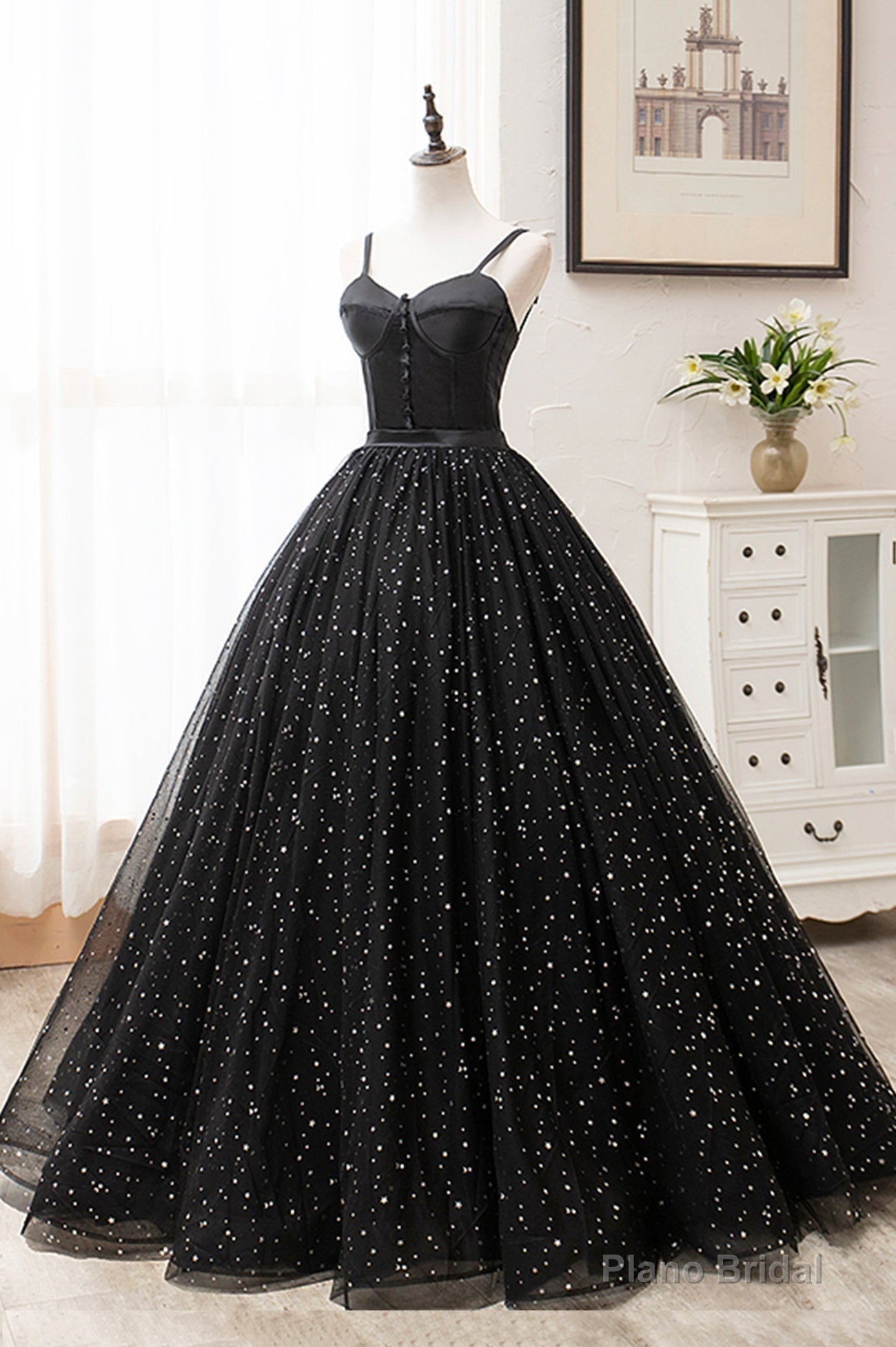Black Tulle Long A-Line Long Prom Dresses, Black Evening Party Dresses Main image