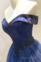 A-Line Tulle Beading Long Formal Prom Dresses, Off the Shoulder Evening Dresses
