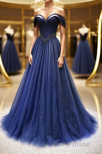 A-Line Tulle Beading Long Formal Prom Dresses, Off the Shoulder Evening Dresses