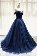 A-Line Tulle Beading Long Formal Prom Dresses, Off the Shoulder Evening Dresses