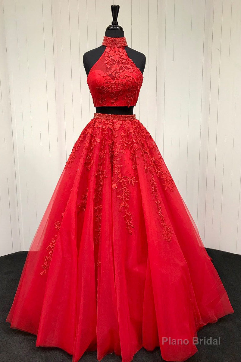 Elegant High Neck Two Piece Red Long Prom Dress Secondary image