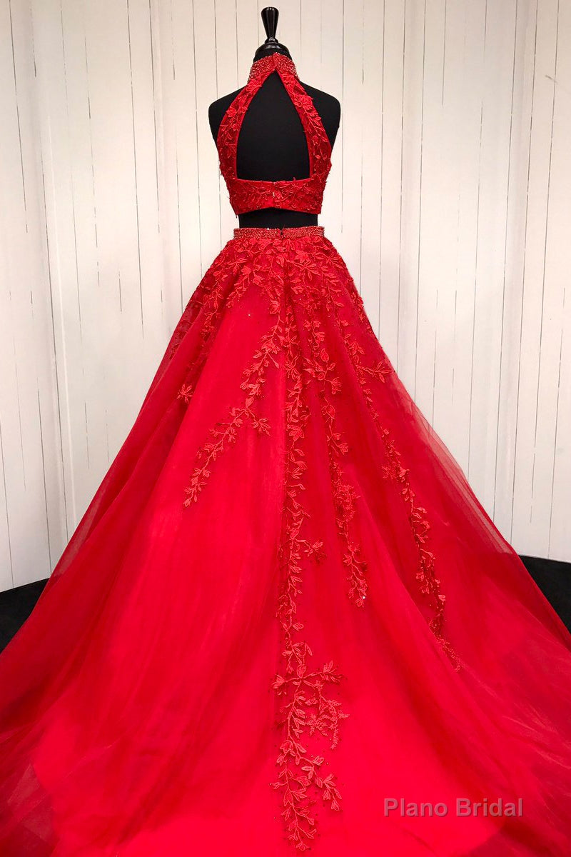 Elegant High Neck Two Piece Red Long Prom Dress Main image