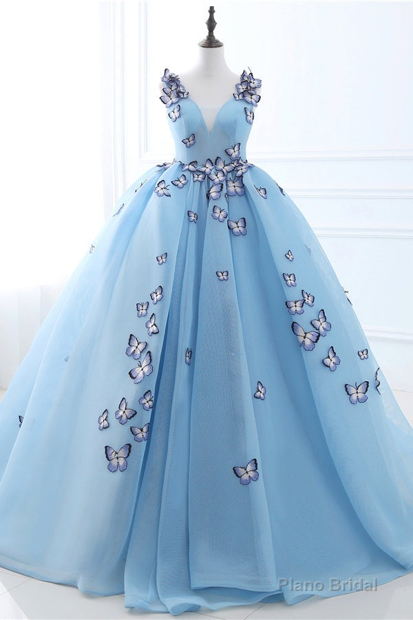 Sleeveless V Neck Long Blue Ball Gown with Butterfly Main image