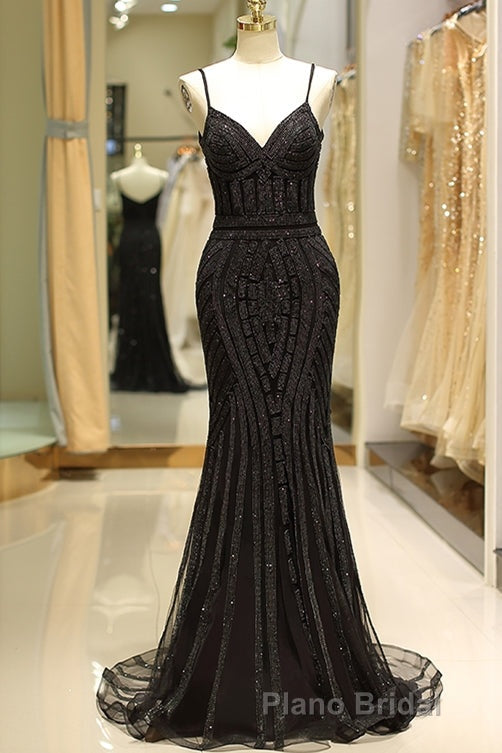 Mermaid Spaghetti Strap Black Beaded Formal Evening Dresses
