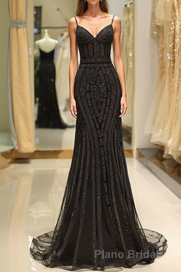 Mermaid Spaghetti Strap Black Beading Long Formal Prom Dresses Main image