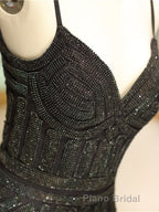 Mermaid Spaghetti Strap Black Beaded Formal Evening Dresses