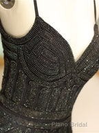 Mermaid Spaghetti Strap Black Beaded Formal Evening Dresses