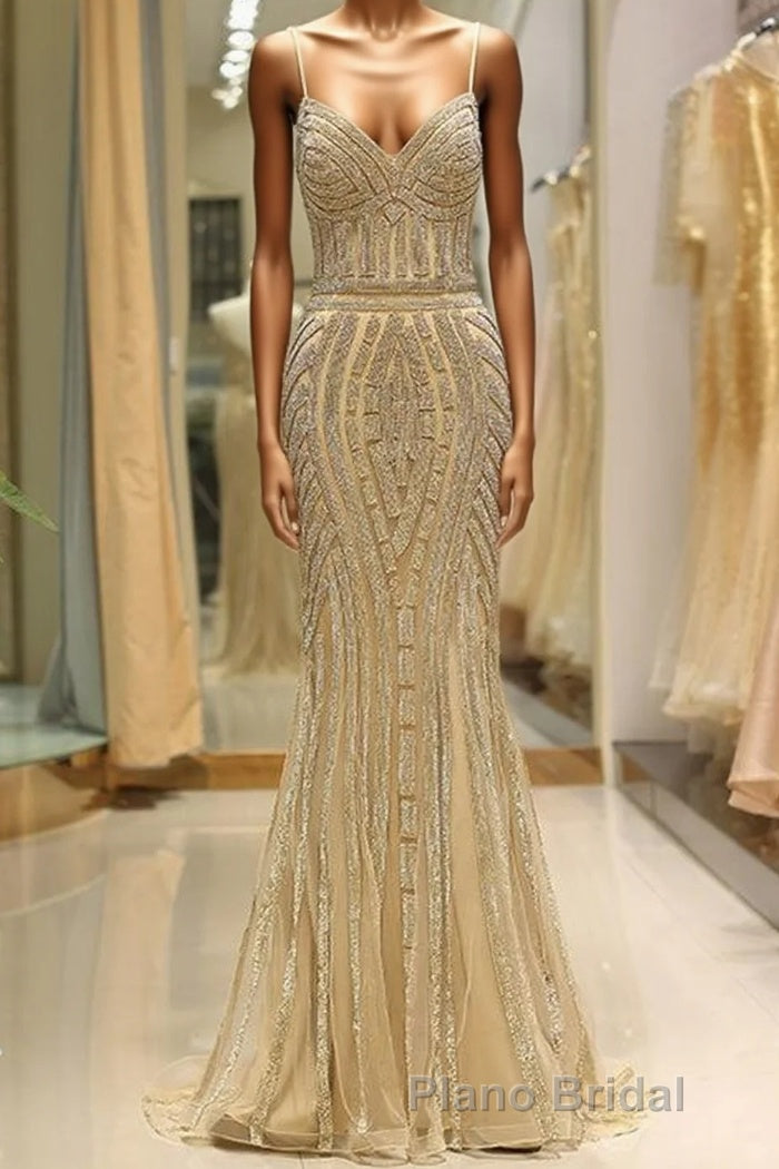 Mermaid Spaghetti Strap Black Beaded Formal Evening Dresses Main image