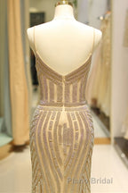 Mermaid Spaghetti Strap Black Beaded Formal Evening Dresses