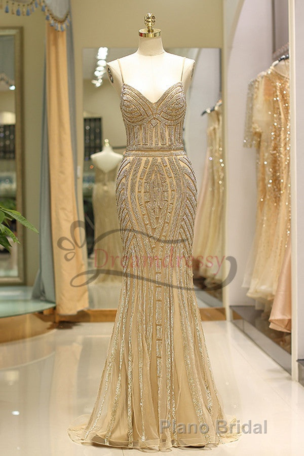 Mermaid Spaghetti Strap Black Beading Long Formal Prom Dresses
