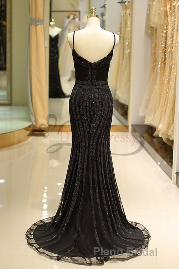 Mermaid Spaghetti Strap Black Beading Long Formal Prom Dresses