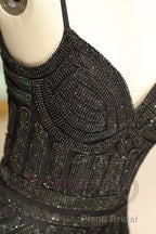 Mermaid Spaghetti Strap Black Beading Long Formal Prom Dresses