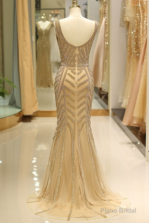 Elegant Mermaid Deep V Neck Gold Beaded Formal Evening Dress Secondary image