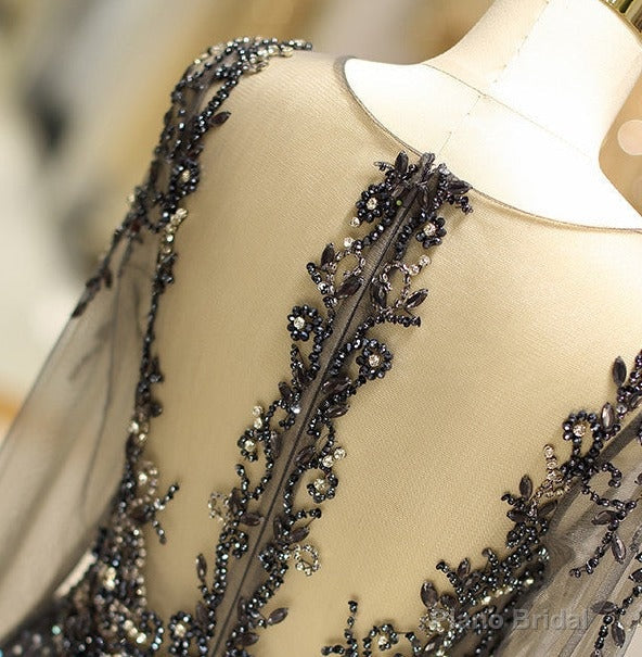 Long Sleeve Grey Beaded Long Prom Dress Secondary image