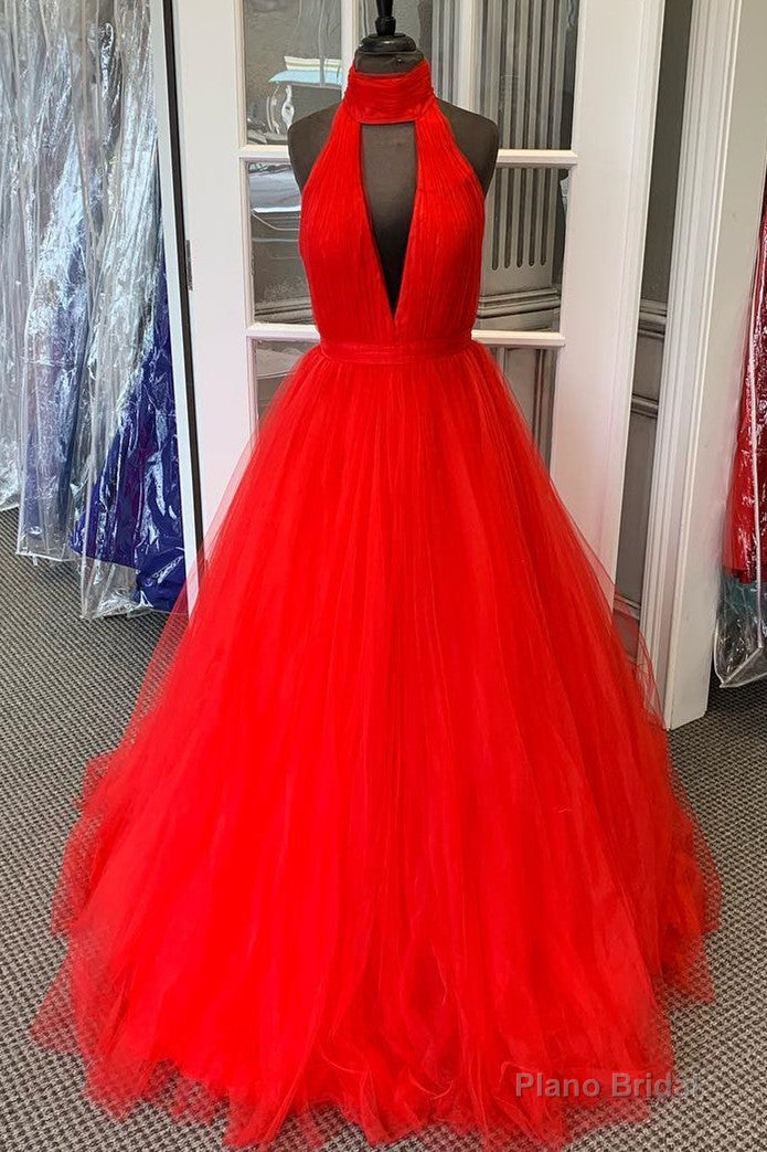 Halter Ruched Long Red Prom Dress with Open Back Main image