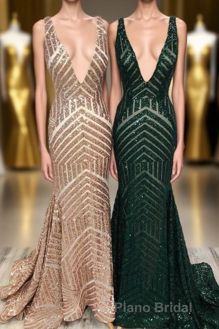 Sparkle Sequins V-Neck Mermaid Long Formal Prom Dresses