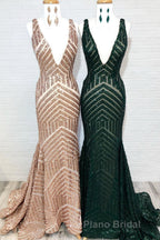 Sparkle Sequins V-Neck Mermaid Long Formal Prom Dresses
