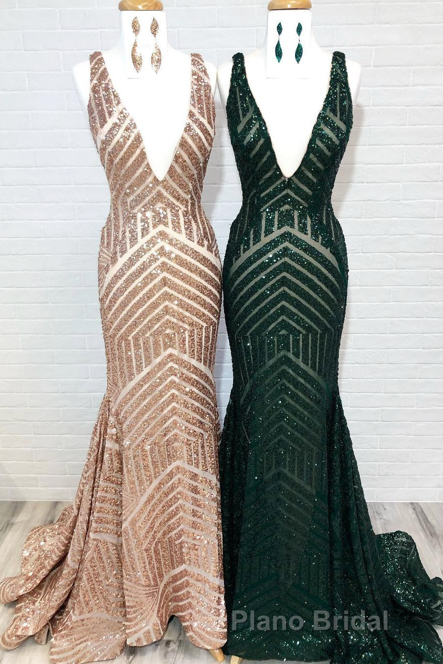 Sparkle Sequins V-Neck Mermaid Long Formal Prom Dresses