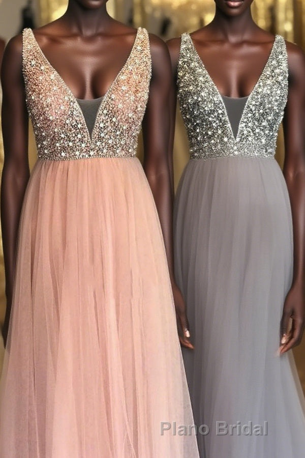 Princess Illusion V Blush Pink Formal Prom Dresses with Beading