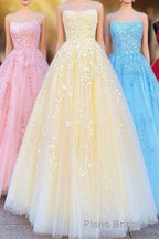 Princess Straps Long Formal Prom Dresses with Lace Appliques
