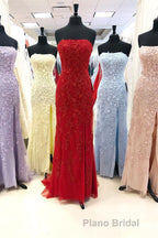 Strapless Light Blue Lace Long Formal Prom Dresses with Slit