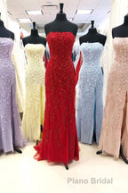 Strapless Light Blue Lace Long Formal Prom Dresses with Slit