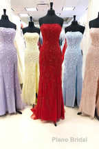 Strapless Light Blue Lace Long Formal Prom Dresses with Slit
