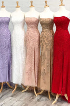 Strapless Light Blue Lace Long Formal Prom Dresses with Slit