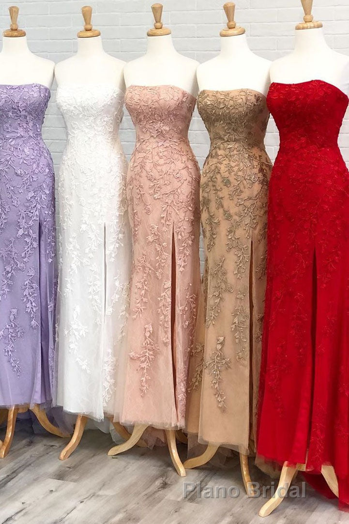 Strapless Light Blue Lace Long Formal Prom Dresses with Slit