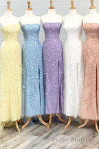 Strapless Light Blue Lace Long Formal Prom Dresses with Slit