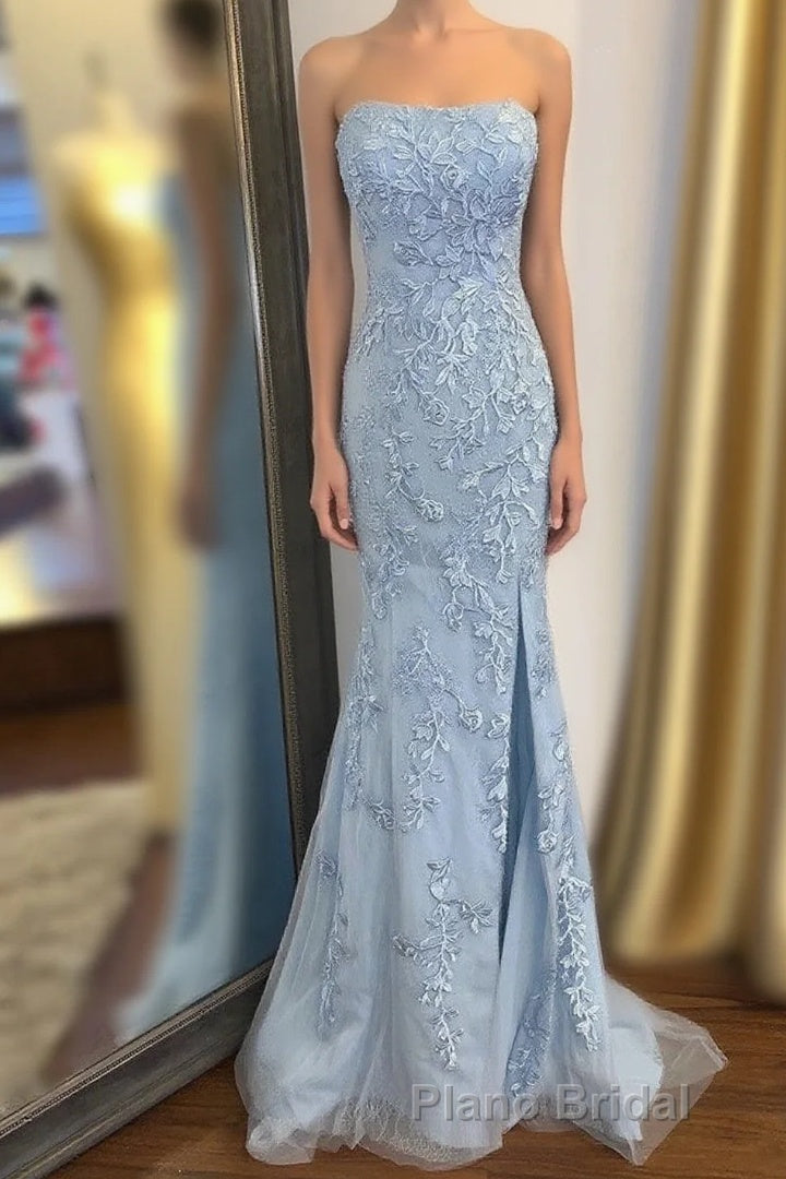 Strapless Light Blue Lace Long Formal Prom Dresses with Slit