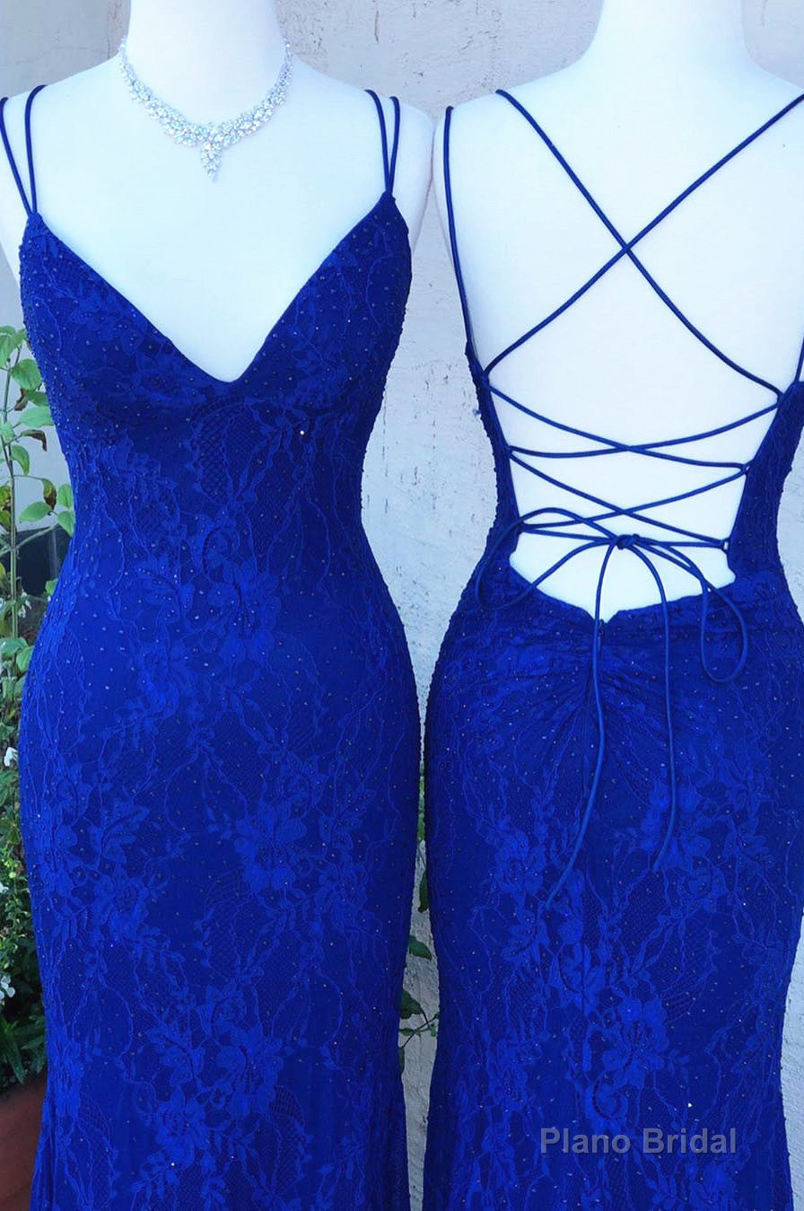 Elegant Straps Royal Blue Lace Long Prom Dress Main image