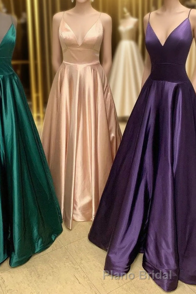 Simple A-Line Straps Satin Long Formal Prom Dresses