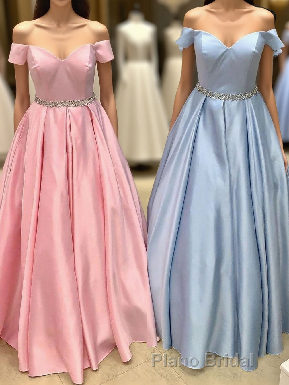 Elegant Off the Shoulder Satin Beaded Long Formal Prom Dresses Main image