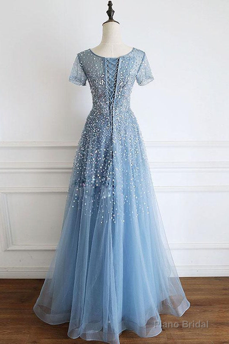Elegant Cap Sleeves Blue Long Prom Dress with Lace-up Back Main image
