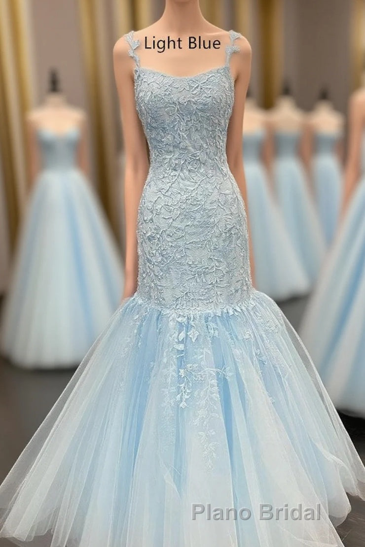 Straps Mermaid Light Blue Lace Appliqued Long Formal Prom Dresses