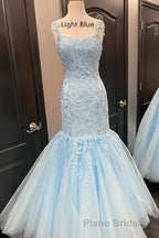 Straps Mermaid Light Blue Lace Appliqued Long Formal Prom Dresses