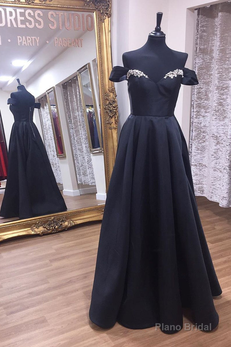 Off Shoulder A-Line Black Long Prom Dress with Beading Top Main image