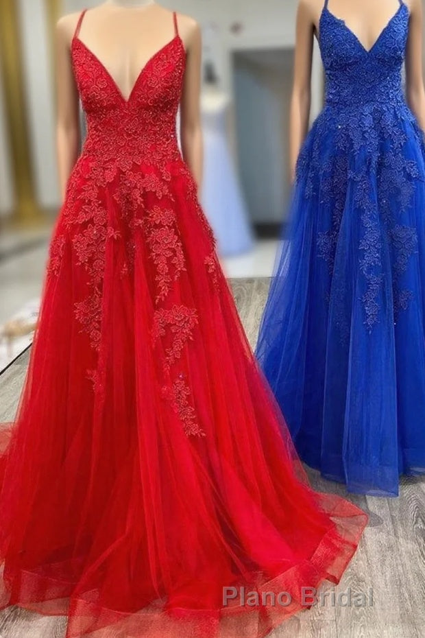 Elegant V Neck A-Line Red Appliqued Long Formal Prom Dresses Main image